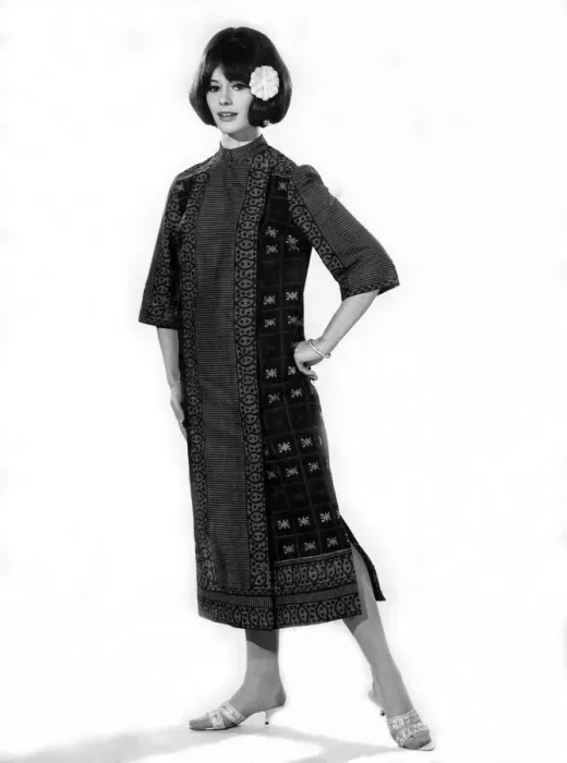 Framed Print : Reveille Fashions 1966: Lynne Winterson wearing oriental dress. February 1966 P006740 Framed Print : Reveille Fashions 1966: Lynne Winterson wearing oriental dress. February 1966 P006740