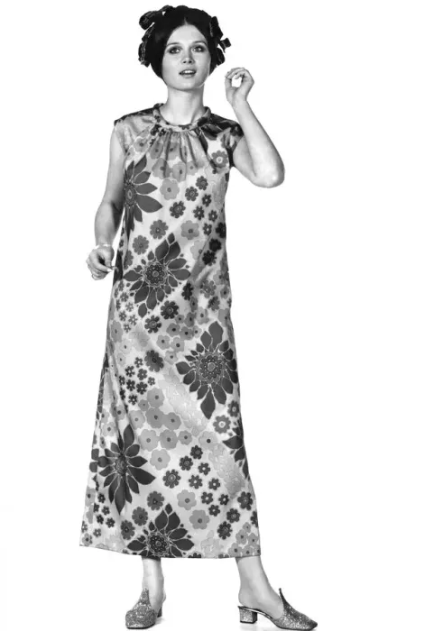Framed Print : Reveille Fashions: Anabella Jones modelling full length dress. May 1969 P008469