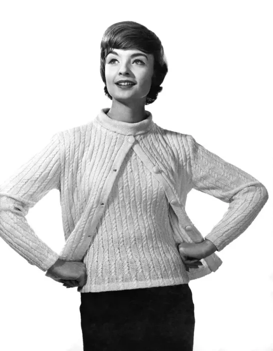 Framed Print : Reveille Fashions: Cable set. Cardigan over matching jumper. February 1961 P006859