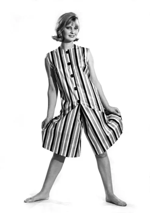 Framed Print : Reveille Fashions: Dawn Chapman modeling a matching stripe sleeveless shirt and shorts