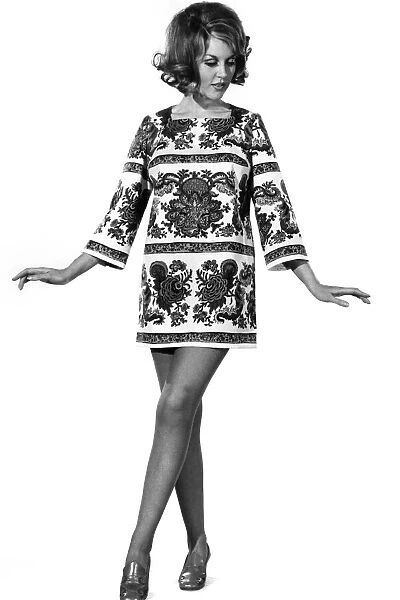 Reveille Fashions: Delia Freeman modelling mini dress. April 1969 P008468