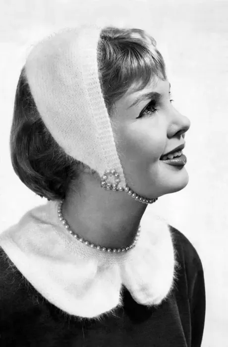 Framed Print : Reveille Fashions. Mannequin modeling a knitted head scarf January 1959 P006941 Framed Print : Reveille Fashions. Mannequin modeling a knitted head scarf January 1959 P006941