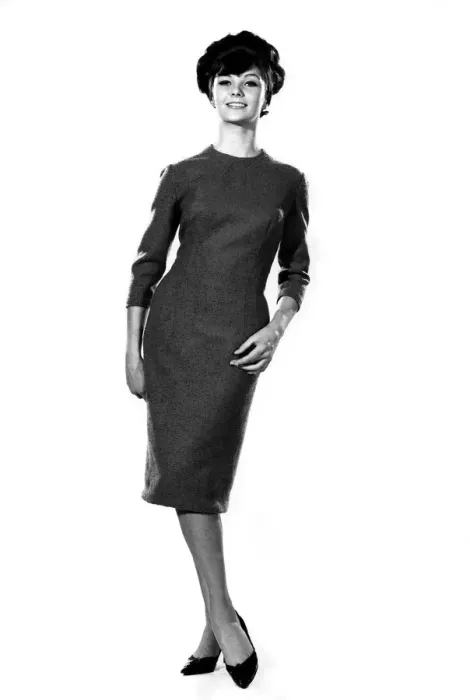 Framed Print : Reveille Fashions: Meriel Weston modeling a business dress with pencil style skirt