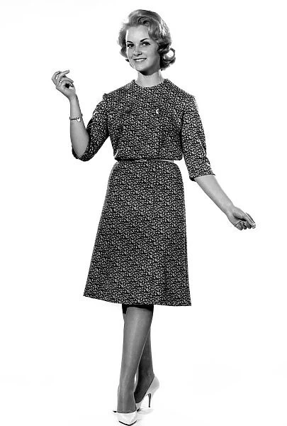 Reveille Fashions: Roma Reeves modelling dress. August 1961 P008785