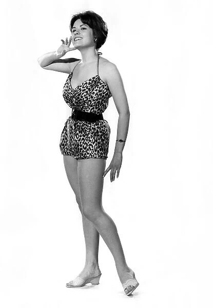 Reveille fashions: Wendy Richard modelling animal print swimming costume