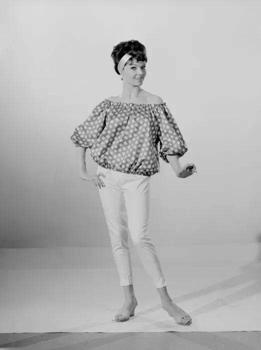 Framed Print : Reveille Model Meriel Weston modelling a spotted blouse May 1961 Framed Print : Reveille Model Meriel Weston modelling a spotted blouse May 1961