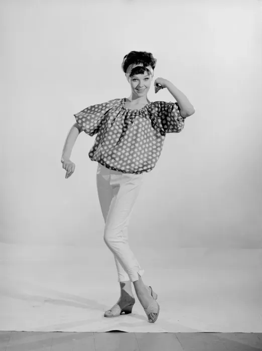 Framed Print : Reveille Model Meriel Weston modelling a spotted blouse May 1961 Framed Print : Reveille Model Meriel Weston modelling a spotted blouse May 1961