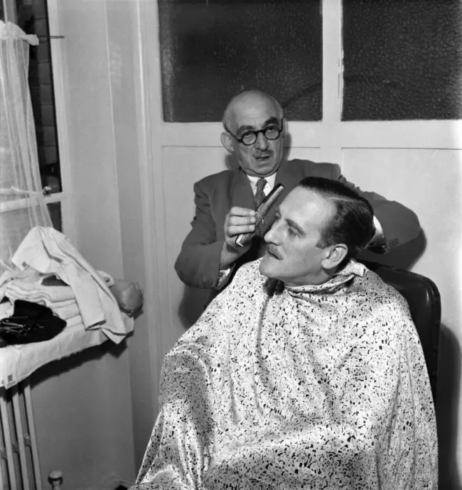 Framed Print : Rex North has haircut by Charles Topper gentleman Barbar. June 1952 C2951 Framed Print : Rex North has haircut by Charles Topper gentleman Barbar. June 1952 C2951