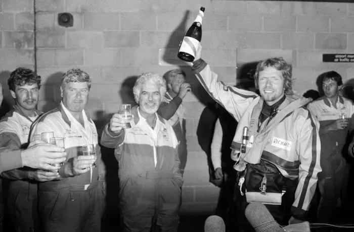 Framed Print : Richard Branson and other members of the crew from The Virgin Atlantic Challenger which Framed Print : Richard Branson and other members of the crew from The Virgin Atlantic Challenger which