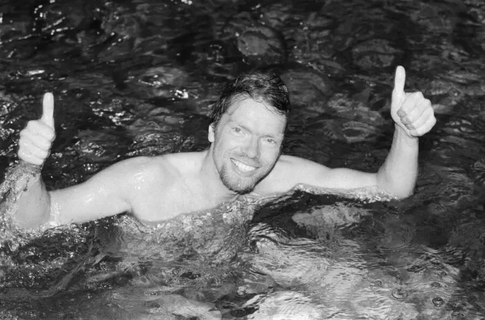 Framed Print : Richard Branson pictured thumbs up and celebrating with relief after being rescued