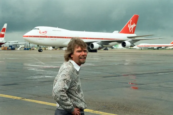 Framed Print : Richard Branson seen here on the apron at Heathrow to welcome the first Virgin airways Framed Print : Richard Branson seen here on the apron at Heathrow to welcome the first Virgin airways