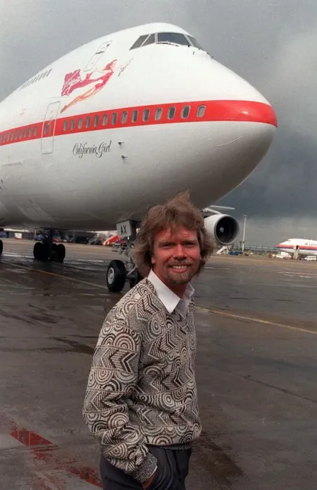 Framed Print : Richard Branson standing in front of one of his Virgin Airways Boeing 747 jumbo jet