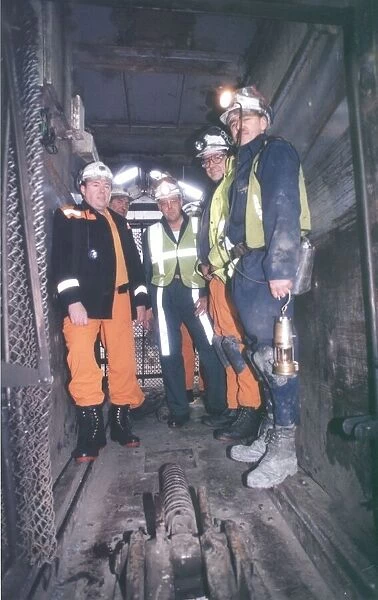 Richard Budge (centre) in the cage at Ellington Colliery