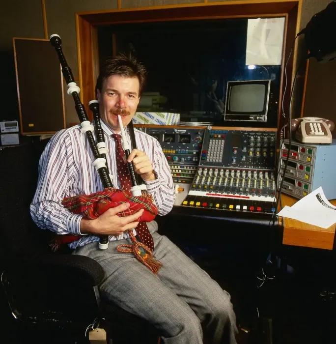Framed Print : Richard Park DJ Disc Jockey Radio Clyde November 1987 Playing the bagpipes