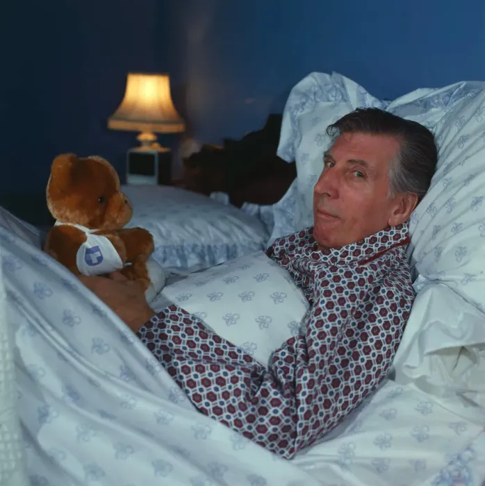 Framed Print : Ricky Fulton in bed with Teddy Bear comedian actor October 1987 Framed Print : Ricky Fulton in bed with Teddy Bear comedian actor October 1987