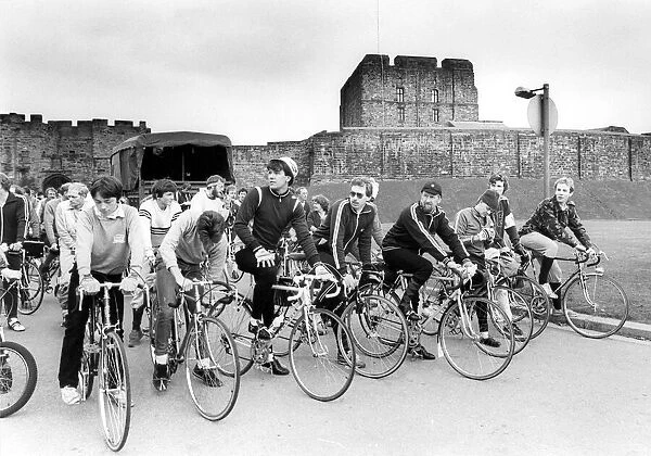 Riders at the start of a race at Carlisle Castle