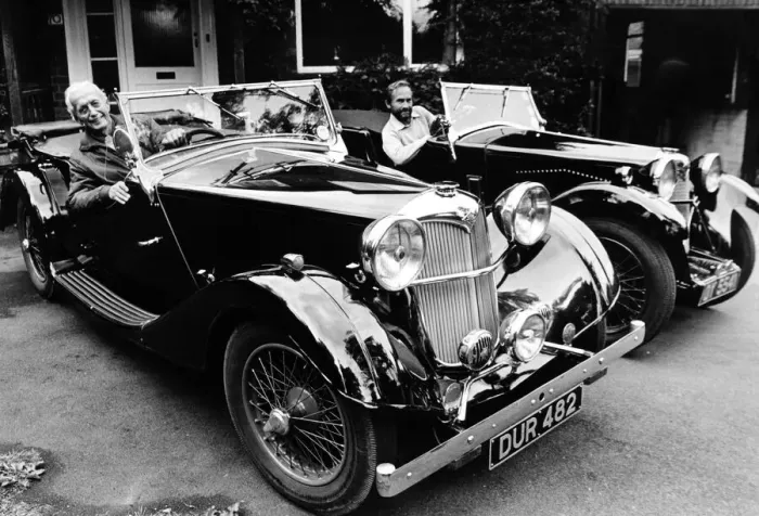 Framed Print : Riley Lynx sports car owners (left to right) Mr Wiles and Mr Cox. 23rd July 1985 Framed Print : Riley Lynx sports car owners (left to right) Mr Wiles and Mr Cox. 23rd July 1985