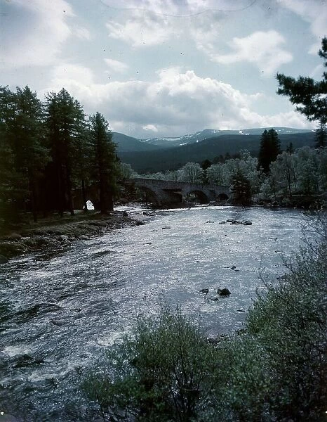 RIver Dee - VIew of Dee River bridge and mountains, looking eastwards to Balmoral Caste