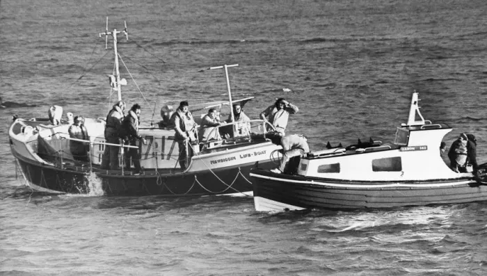 Framed Print : The RNLI lifeboat, The Mary Joicey, arrives back at harbour with a Blyth fishing boat in Framed Print : The RNLI lifeboat, The Mary Joicey, arrives back at harbour with a Blyth fishing boat in