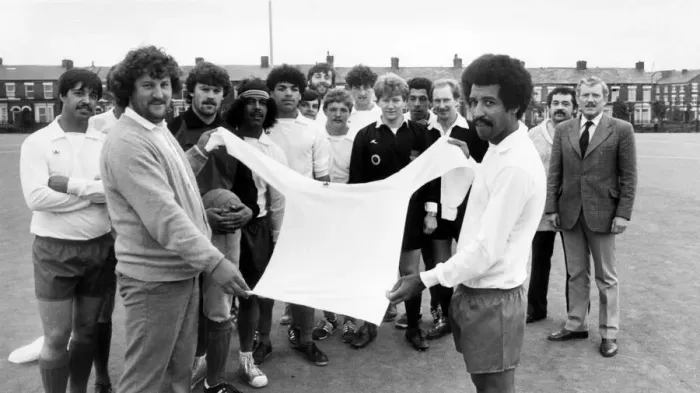 Framed Print : Rob Shields, left, of Toxteth United FC and the team captain Robbie Robinson pictured Framed Print : Rob Shields, left, of Toxteth United FC and the team captain Robbie Robinson pictured