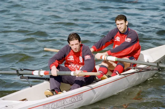 Framed Print : Robbie Fowler with Martin keown in a canoe on International duty with England Framed Print : Robbie Fowler with Martin keown in a canoe on International duty with England