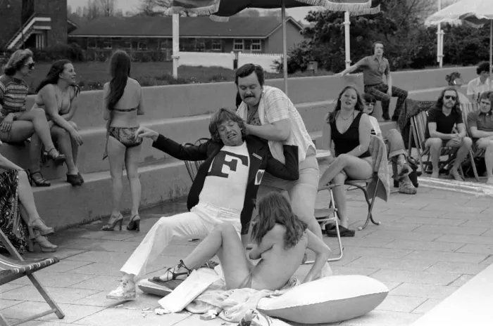 Framed Print : Robin Askwith and cast filming Confessions from a holiday camp Framed Print : Robin Askwith and cast filming Confessions from a holiday camp