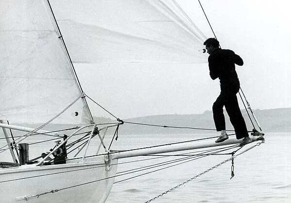 Robin Knox Johnston setting the sails on his Suhaili boat at Falmouth before his
