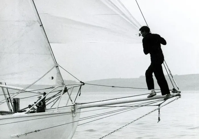 Framed Print : Robin Knox Johnston setting the sails on his Suhaili boat at Falmouth before his