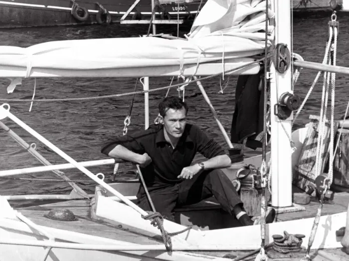 Framed Print : Robin Knox Johnston in his Suhaili boat at Falmouth before his departure for the 1968-69