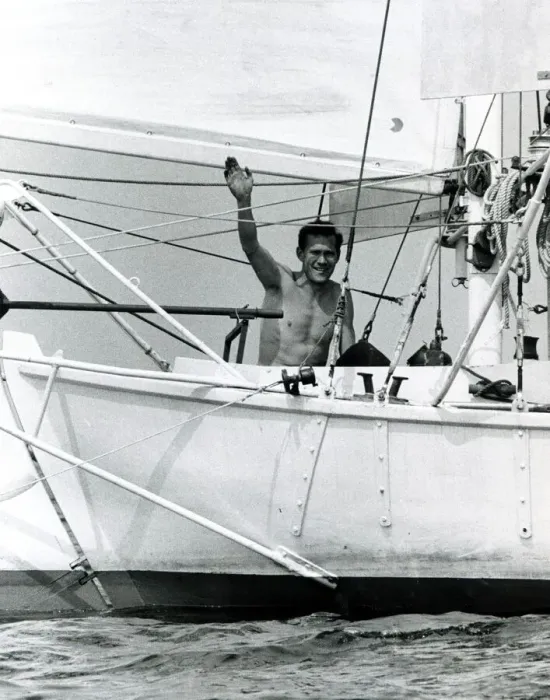 Framed Print : Robin Knox Johnston waves to his parents from his Suhaili boat at Falmouth before his Framed Print : Robin Knox Johnston waves to his parents from his Suhaili boat at Falmouth before his