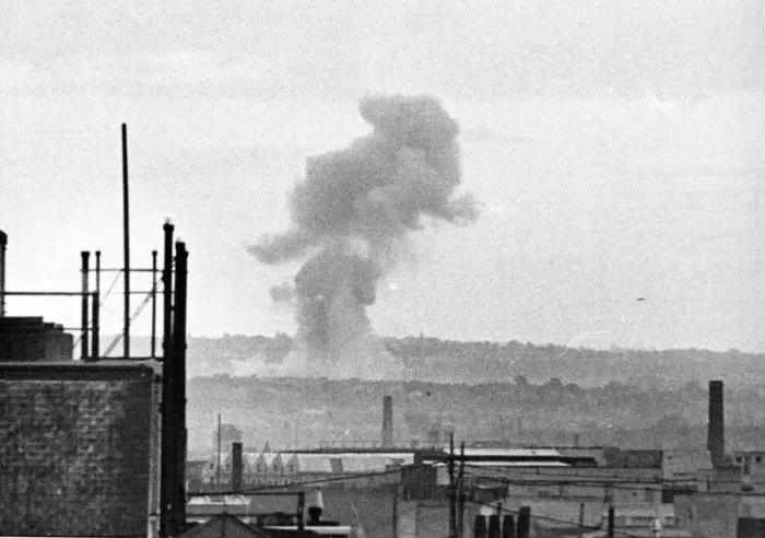 Framed Print : Robot bomb exploding - picture taken from the roof of the Daily Mirror at Fetter Lane Framed Print : Robot bomb exploding - picture taken from the roof of the Daily Mirror at Fetter Lane