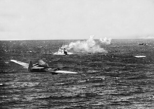 Rocket firing Beaufighters of RAF Coastal Command attack enemy ships. April 1944