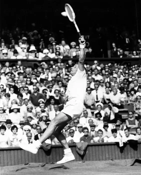 Framed Print : Rod Laver in action against Santana at Wmbledon J uly 1962 Framed Print : Rod Laver in action against Santana at Wmbledon J uly 1962