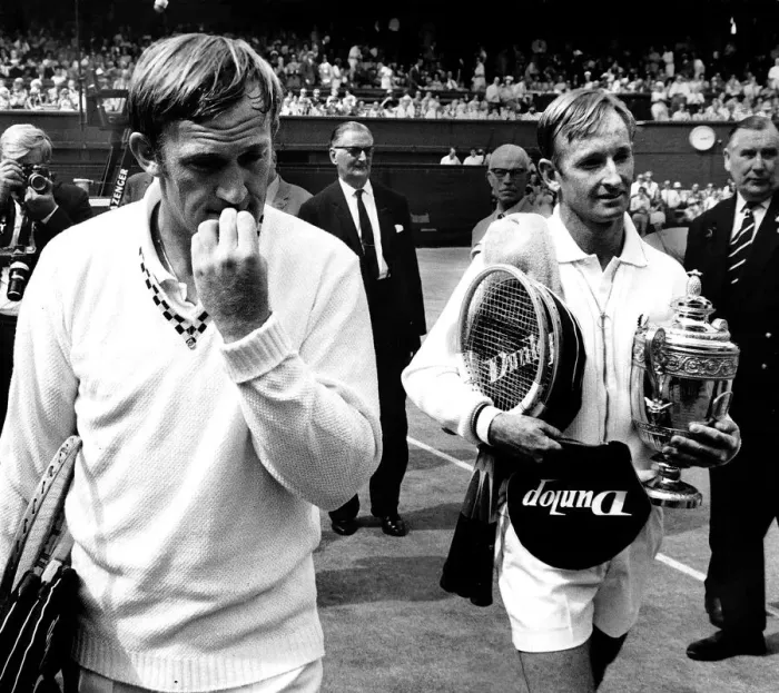 Framed Print : Rod Laver wins Wimbledon mens singles final 1968 leavesd the court with his opponent Tony