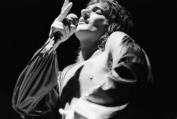 Rod Stewart performing on stage in Helsinki, Finland, during his European Tour 1976
