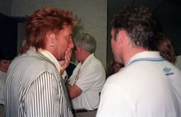 Framed Print : Rod Stewart pop singer talking to unnamed man Scotland football tour USA pre Euro