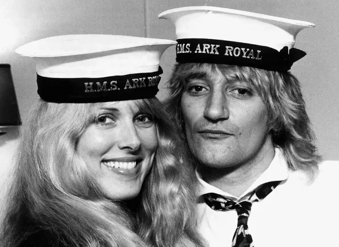 Framed Print : Rod Stewart singer with Alana Hamilton wearing Royal Navy HMS Ark Royal Caps during a Framed Print : Rod Stewart singer with Alana Hamilton wearing Royal Navy HMS Ark Royal Caps during a