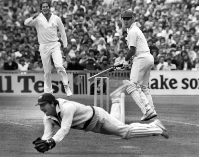 Framed Print : Down and out Rodney Marsh makes a diving catch to end Mike Brearleys short innings Framed Print : Down and out Rodney Marsh makes a diving catch to end Mike Brearleys short innings