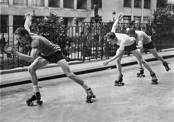 Roller skating trials. Trials took place at Tower Hill to select the English team - in