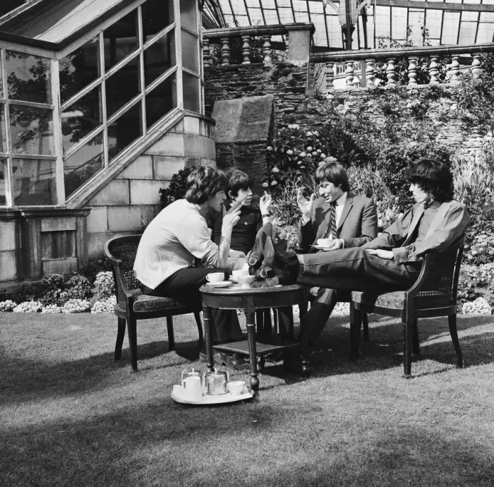 Framed Print : The Rolling Stones having a cup of tea in their hotel garden at Douglas Framed Print : The Rolling Stones having a cup of tea in their hotel garden at Douglas