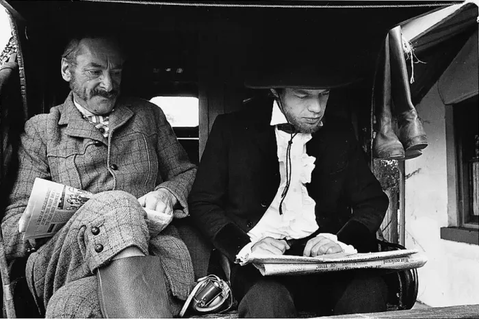 Framed Print : Rolling Stones: Mick Jagger as Ned Kelly shares a coach with Australian actor Ronald Framed Print : Rolling Stones: Mick Jagger as Ned Kelly shares a coach with Australian actor Ronald