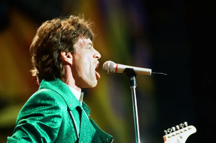 Framed Print : The Rolling Stones performing at Wembley Stadium, London, England. Mick Jagger