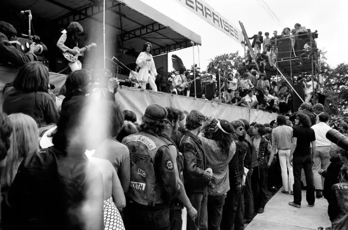 Framed Print : The Rolling Stones on stage watched by Hells Angels at their free concert in London