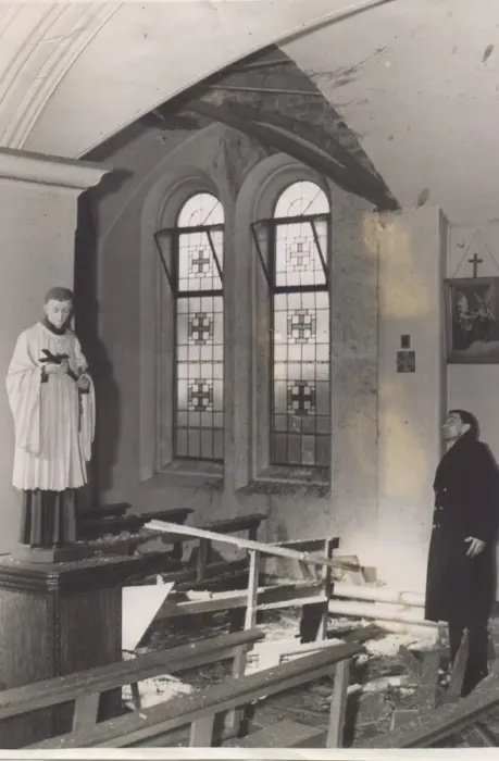 Framed Print : A Roman Catholic church damaged by enemy action during an air raid on the North East of Framed Print : A Roman Catholic church damaged by enemy action during an air raid on the North East of