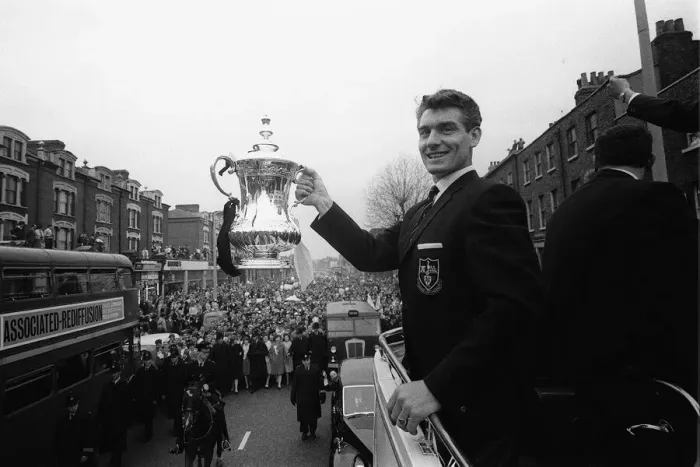 Framed Print : Ron Henry holds the FA Cup on the open top bus May 1962 during the Tottenham