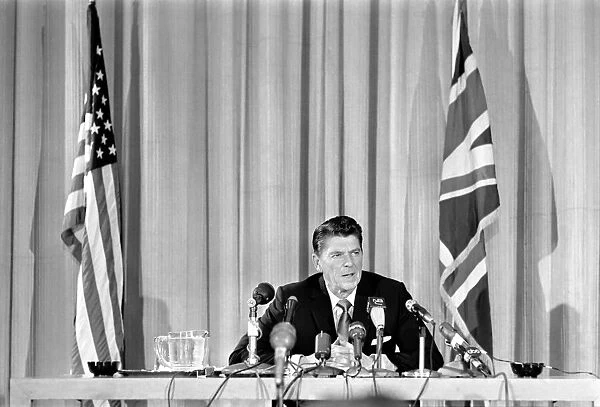 Ronald Reagan Governor of California, holds a press conference in the American Embassy