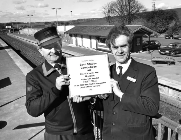 Framed Print : Ronnie Breeze and Gordon Wood (right) at Alnmouth Railway Station with their award of Framed Print : Ronnie Breeze and Gordon Wood (right) at Alnmouth Railway Station with their award of