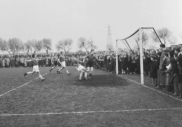 Ronnie Corbett far left assists Tommy Steele to score a goal in theTV All Stars XI vs