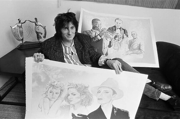 Ronnie Wood, pictured in 1987 with his drawings. These drawings would