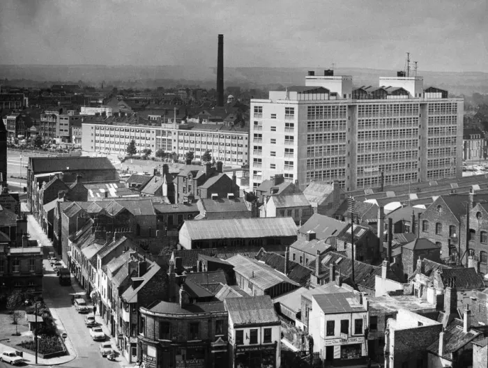 Framed Print : Above the rooftops view. Gleaming white in the afternoon sun is Hull College of Framed Print : Above the rooftops view. Gleaming white in the afternoon sun is Hull College of